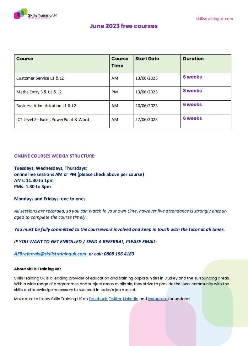 Skills Training Uk Online Course Dates June 2023